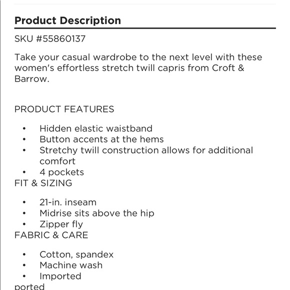 NEW CROFT & BARROW Capri Pants Black Size 4 Women’s - Picture 5 of 16